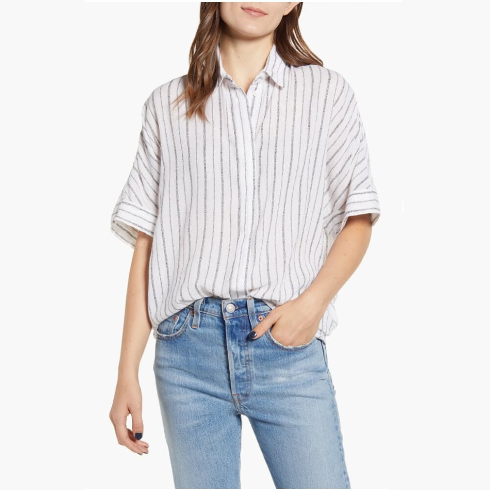 AllSaints White Button-Up Blouse with Black Pinstripes